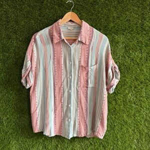 En Creme Textured Rayon Button Up Blouse Shirt Rolled Sleeve Hem Striped